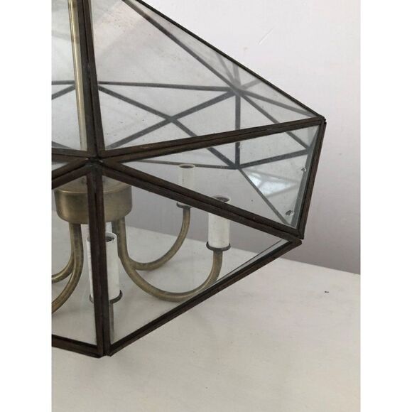 Vintage Mid Century Brass Octagon Diamond Hanging Glass Light Fixture Pendant - Picture 12 of 15